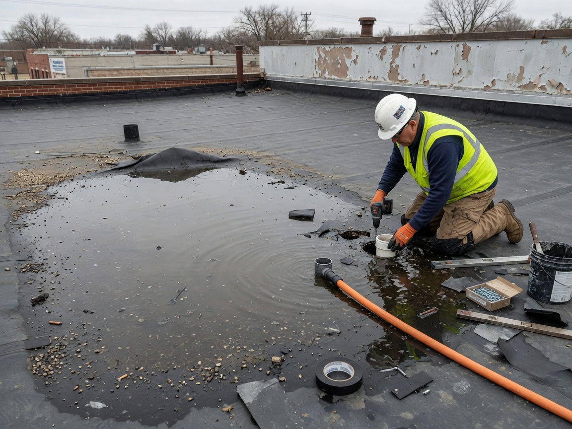 Flat Roof Ponding Water & Drainage Repair in Rockford